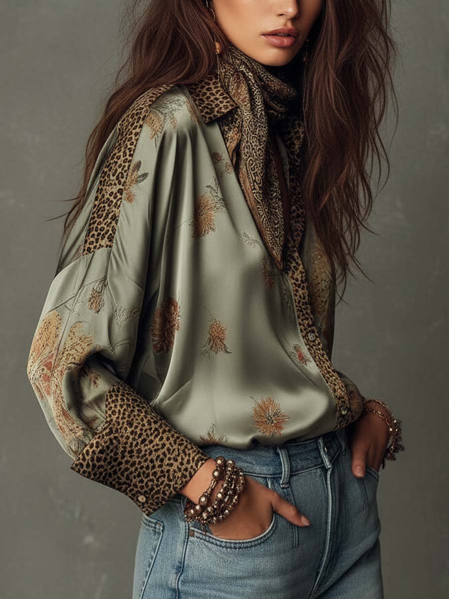 Camisa Satinada Floral & Leopardo