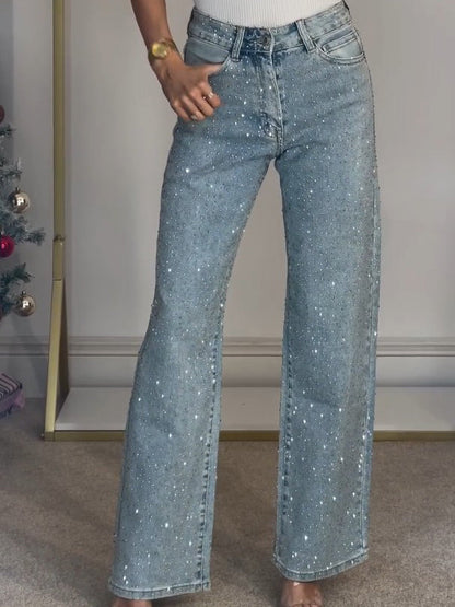 Jeans talle alto con diamante