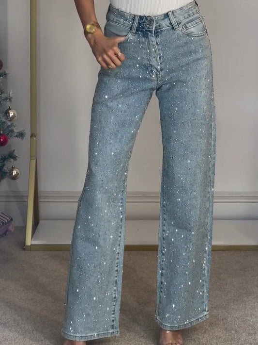 Jeans talle alto con diamante