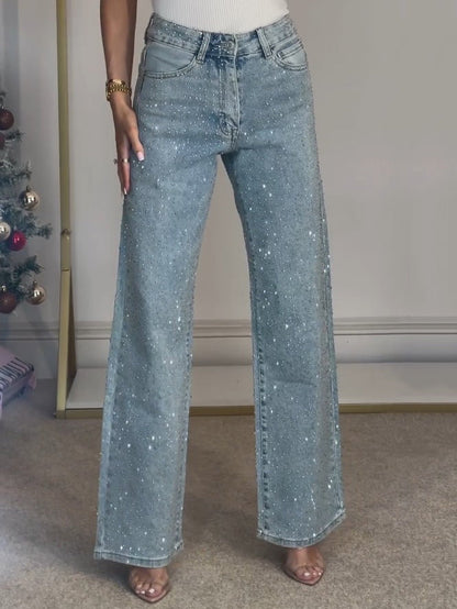 Jeans talle alto con diamante
