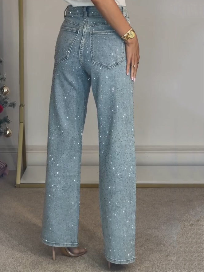 Jeans talle alto con diamante