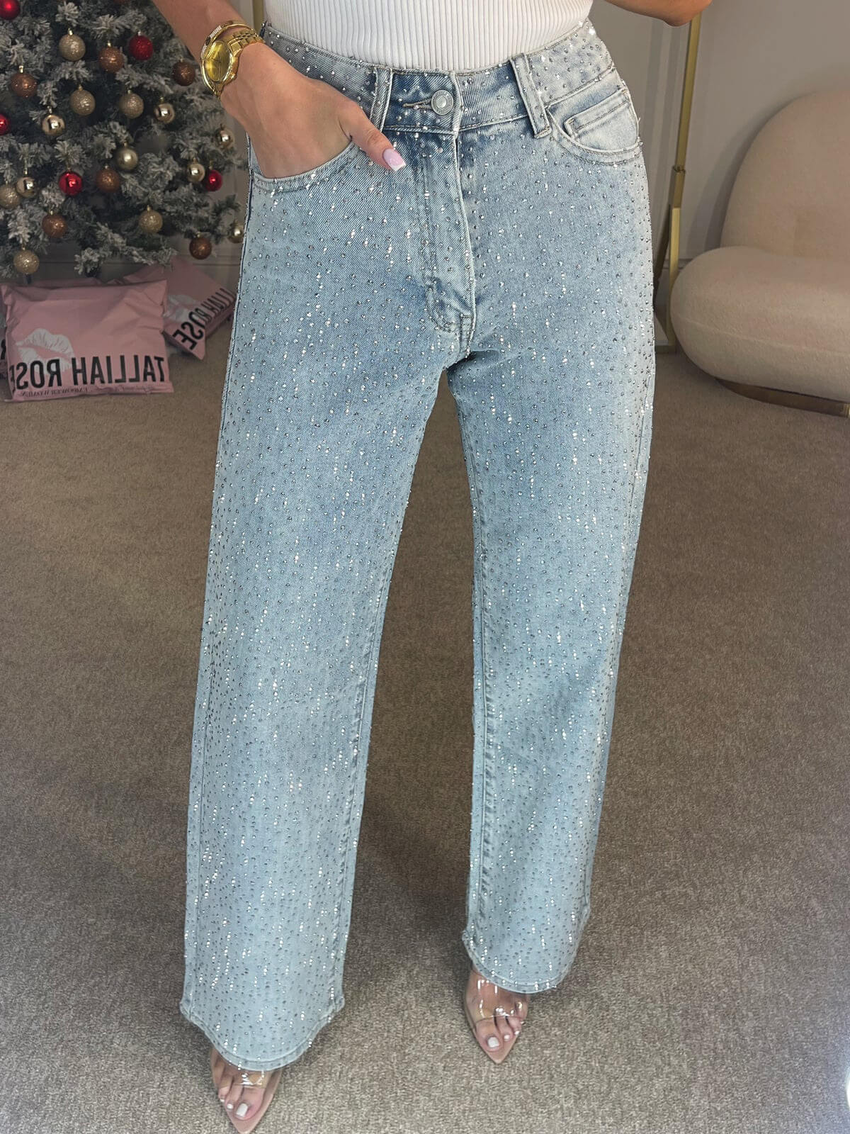 Jeans talle alto con diamante