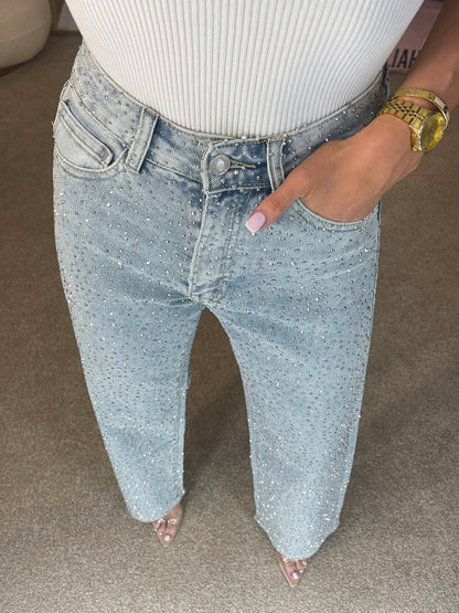 Jeans talle alto con diamante