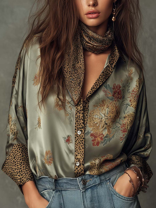 Camisa Satinada Floral & Leopardo