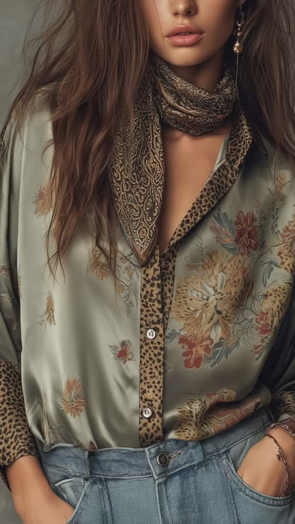 Camisa Satinada Floral & Leopardo